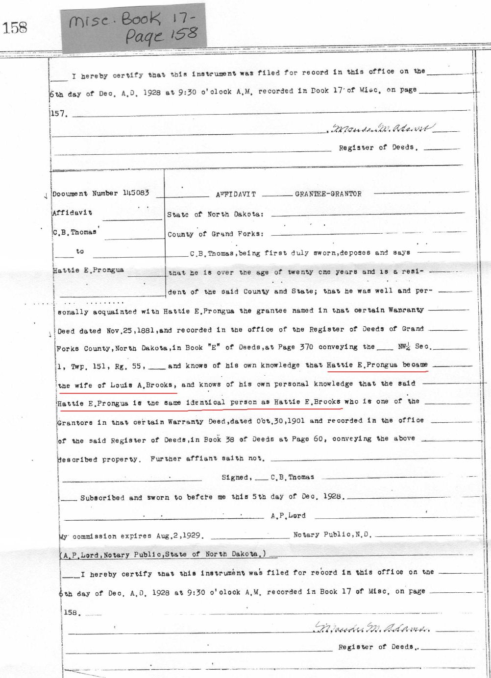 Misc Affidavit stating Hattie Prongua is married to  Louis A Brooks